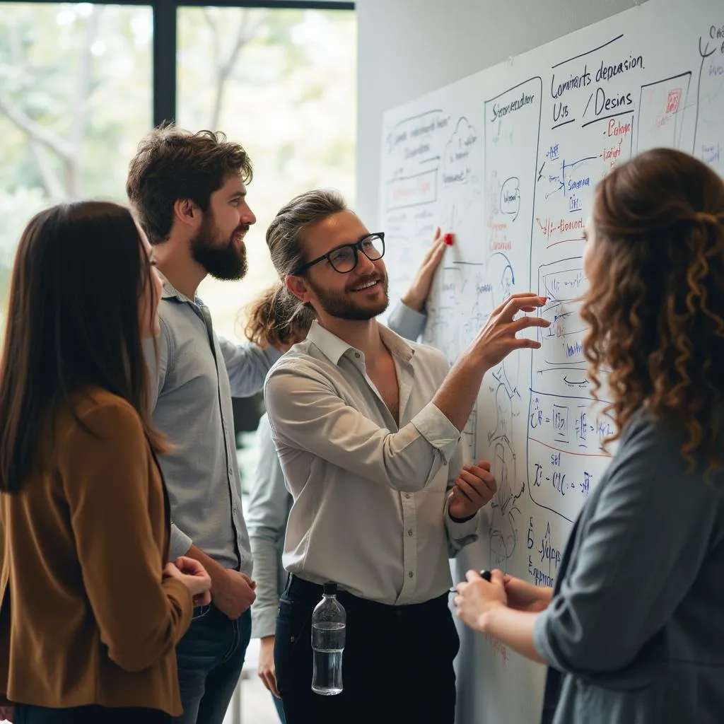 Diverse team brainstorming on a whiteboard