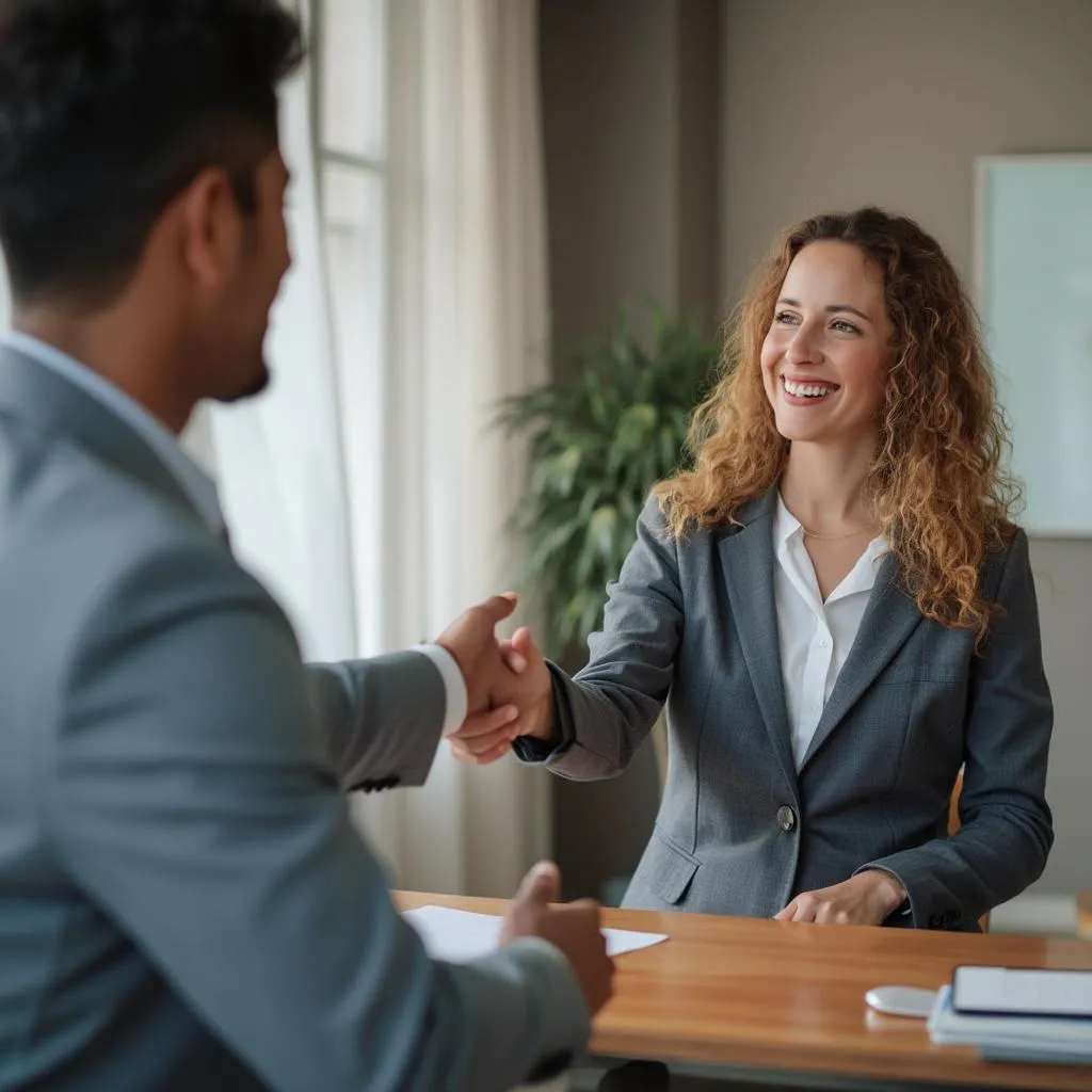 Client shaking hands with a consultant after a successful meeting